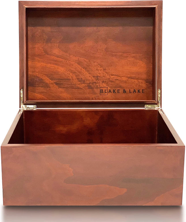 Blake & Lake Large Box with Hinged Lid - Wood Storage Box with Lid - Wooden Keepsake Decorative boxes with lids (Dark Oa