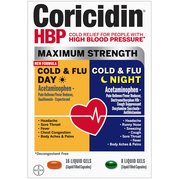 Coricidin HBP, Decongestant-Free Cold Symptom Relief for People with High Blood Pressure, Maximum Strength Cold & Flu Day + Night Liquid Gels, 24