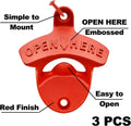 Red Bottle Opener Wall Mounted Rustproof Metal Mountable Beer Soda Top Opener for Home Bar Kitchen (Pack of 3)