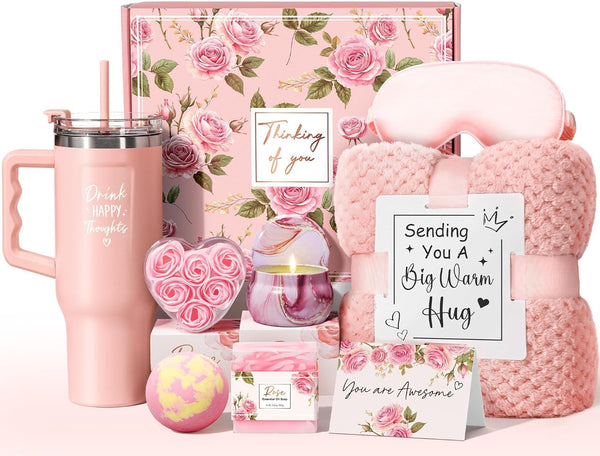 Birthday Gifts for Women Self Care Gifts Get Well Soon Gifts, Rose Relaxing Spa Gifts Basket Care Package W/ Luxury Flannel Blanket 40 Oz Tumbler,