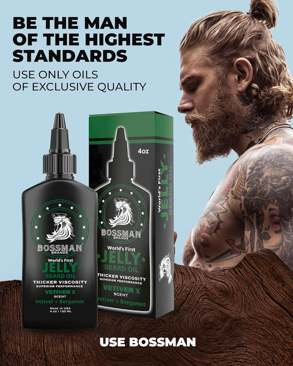Bossman Jelly Beard Oil for Men (4 Oz, Vetiver X Scent) â Softens, Moisturizes & Conditions with Natural Ingredients