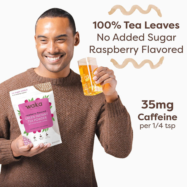 Waka Instant Green Tea Mix, Raspberry Flavored - 100% Tea Leaves, No Additives, Unsweetened Tea Powder in Bulk Pouch â Easy Quick Hot and Iced