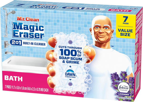 Mr. Clean Magic Eraser Sponge, Bathroom Cleaner, Soap Scum Shower & Tub Cleaner, 2 in 1 Bath, 7Ct