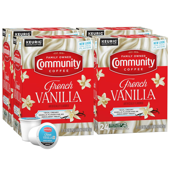 Community Coffee French Vanilla Flavored 96 Count Coffee Pods, Medium Roast, Compatible with Keurig 2.0 K-Cup Brewers, 24 Count (Pack of 4)