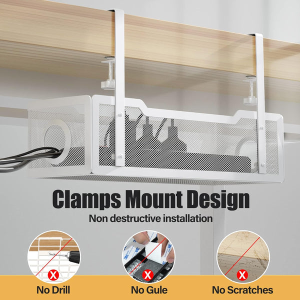Under Desk Cable Management Tray White, Cinati Wire Organizers No Drill, Cable Tray with Clamp for Wire Management, Cord Organization Box for