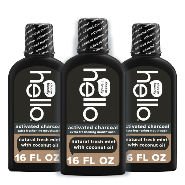 Hello Activated Charcoal Extra Freshening Mouthwash, Natural Fresh Mint and Coconut Oil, Fluoride Free, Alcohol Free, Vegan, SLS Free and Gluten