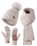 Winter Beanie Hat Scarf Gloves Set for Women, Womens Beanie with Pom Pom Long Scarf Neck Warmer Touchscreen Gloves 3 in 1 Set