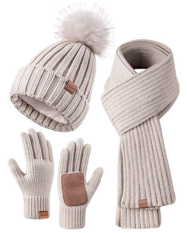 Winter Beanie Hat Scarf Gloves Set for Women, Womens Beanie with Pom Pom Long Scarf Neck Warmer Touchscreen Gloves 3 in 1 Set