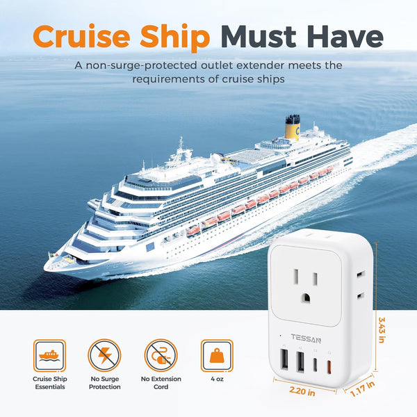 USB Wall Charger, TESSAN Wall Plug Adapter Outlet Extender, 3 Charger Block (1 USB C Port), Multi Charging Station for Cruise, Bathroom, Office,