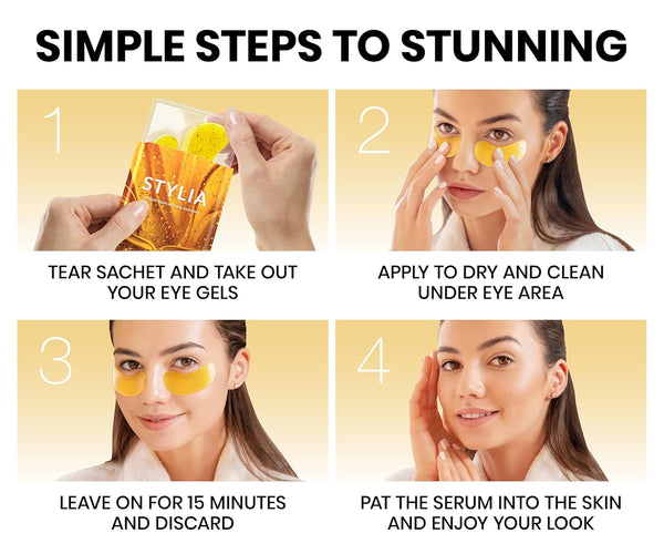 Stylia under Eye Patches for Dark Circles and Puffy Eyes (30 Pairs) - 24K Gold under Eye Mask with Vitamin C, Hyaluronic Acid, Pearl Extract - Eye