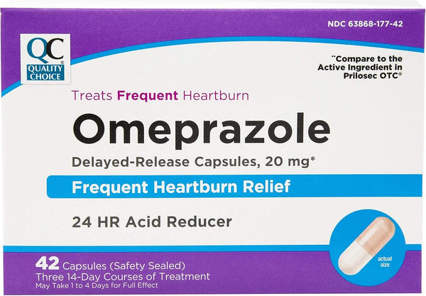 Quality Choice Omeprazole Delayed Release Acid Reducer Capsules, 20Mg Frequent Heartburn Treatment, Contains Three 14 Day Courses of Treatment 42
