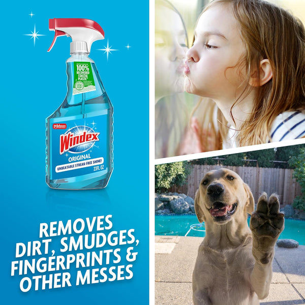 Windex Glass and Window Cleaner Spray Bottle, Packaging Designed to Prevent Leakage and Breaking, Surface Cleaning Spray, Original Blue Scent, 23