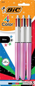 BIC 4-Color Shine Retractable Ballpoint Pen, Versatile 1.0 Mm Medium Point, Long-Lasting Ink, 3-Count Pack in Assorted Ink