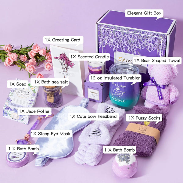 Birthday Gifts for Women,Gifts for Her Purple Gifts Basket for Women Lavender Relaxing Gift Set Self Care Package Unique Female Gift Ideas