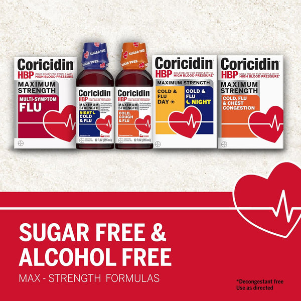 Coricidin HBP, Decongestant-Free Cold Symptom Relief for People with High Blood Pressure, Maximum Strength Cold & Flu Day + Night Liquid Gels, 24