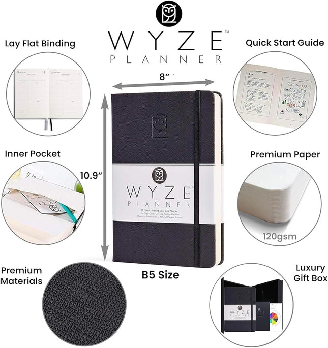 Undated Daily Planner – 1-Year B5 Productivity Organizer with Two-Page Weekly Spread, Goal Setting, Habit Tracker, Weekl
