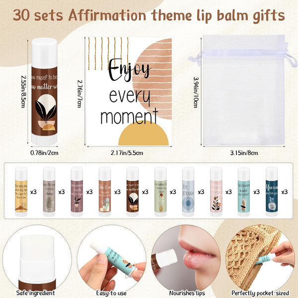 30 Sets Mental Health Awareness Gifts Lip Balm Bulk Inspirational Lip Balm with Positive Daily Affirmation Cards Self Care Gifts for Women Men