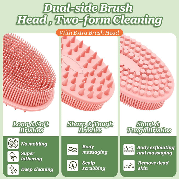 Silicone Back Scrubber, Soft Silicone Loofah with Handle, Gentle Exfoliating Back Scrubber, Back Brush Bath Brush with Two Dual-Side & Detachable