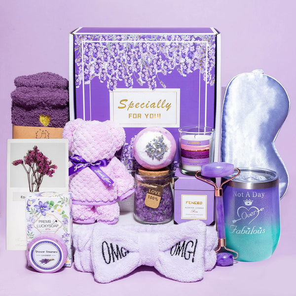 Birthday Gifts for Women,Gifts for Her Purple Gifts Basket for Women Lavender Relaxing Gift Set Self Care Package Unique Female Gift Ideas