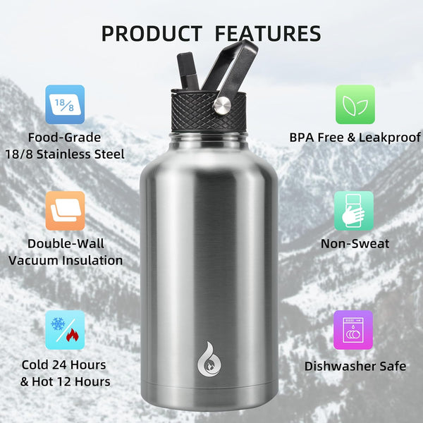 BJPKPK Half Gallon Insulated Water Bottles with Straw Lid, 64Oz Large Water Jug, Stainless Steel Bottles with 3 Lids and Paracord Handle, Thermos