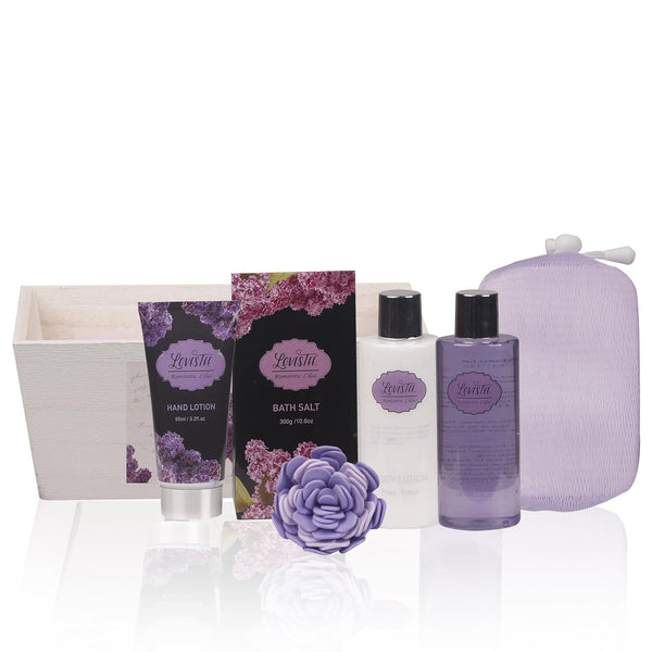 Spa Gift Basket with Lavender Fragrance and Lilac Color - Bath and Body Set Includes Shower Gel, Body Lotion, Hand Lotion, Bath Salt, Flower