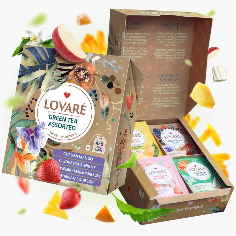 LOVARE Green Assorted Tea Variety Pack 32 Pack - Made in Ukraine - Tea Bags Individually Wrapped 4 Tastes - Golden Mango, CleopatraâS Night,