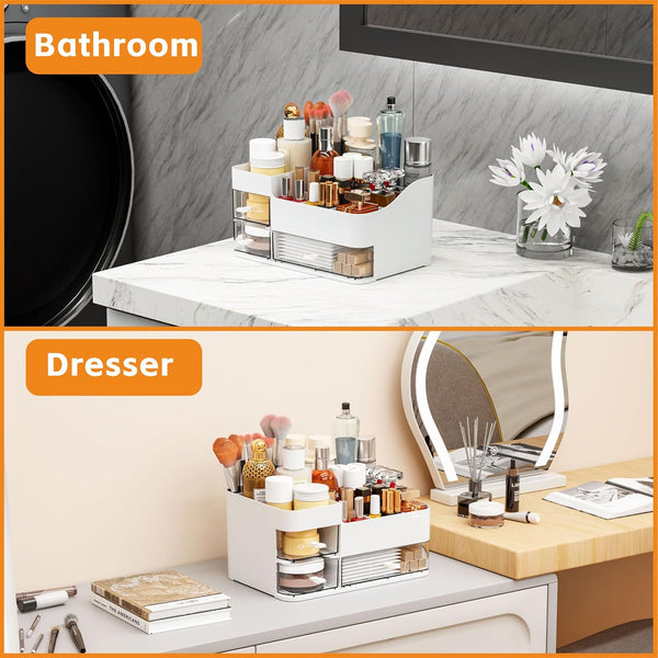 White Makeup Organizer with 3 Drawers, Large Capacity Plastic Cosmetic Storage for Dresser and Vanity, Ideal for Beauty, Perfume, Brushes,