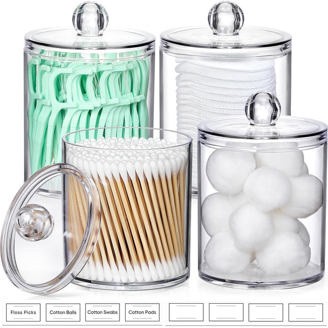 4 Pack Acrylic Qtip Holder Dispenser for Cotton Swabs, Balls, Pads, Floss Picks- Small Clear Plastic Canister Apothecary