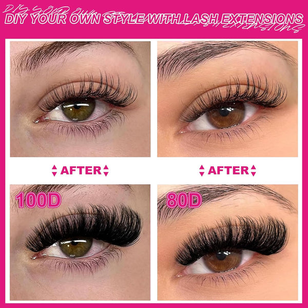 Fowendia Lash Clusters Kit Fluff 80D 100D Individual Lashes D Curl Cluster Eyelash Extensions 10-18mm DIY Lash Extension Kit Lash Bond and Seal