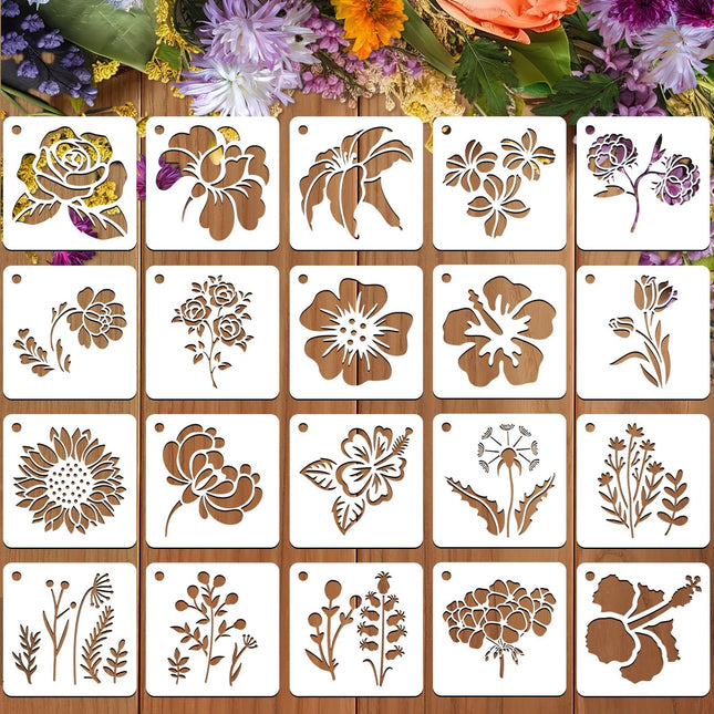 JULMELON Flower Stencils for Wood, 20Pcs Sunflower Painting Stencil Reusable Stencils DIY for Wall Floor Decor Rock Dot 