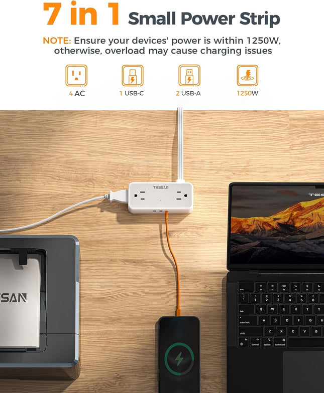 Flat Plug Extension Cord 5 FT, TESSAN Surge Protector Power Strip with 4 AC Outlets 1 USB C and 2 USB a Ports, 900 Joule