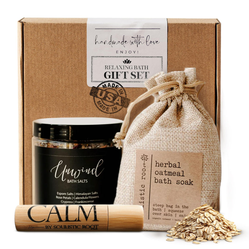 Relaxing Bath Gift Set, Luxury Spa Gifts for Women, Self Care Products for Women and Men, Calm Essential Oil Roller, Oatmeal Lavender Bath Soak &