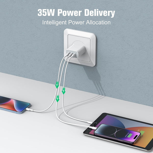 USB C Charger Block, Amoner 35W 3-Port USB C Charger, Iphone Charging Adapter with PD 3.0 Power Delivery Compatible with Iphone 16/16