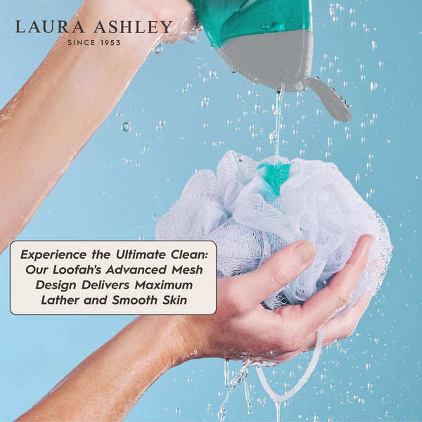 Laura Ashley 6 Pack Loofah for Women - Shower Poufs, Exfoliating & Cleansing Body Scrubbers for Shower with Washable Zip up Bag