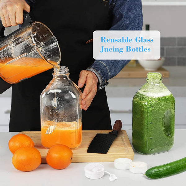Syntic 4 Pack 2 Qt Glass Milk Bottles with Handle and Airtight Reusable Screw Lids, 1/2 Gal Glass Water & Juice Bottles, 64 Oz Milk Jug Pitcher W