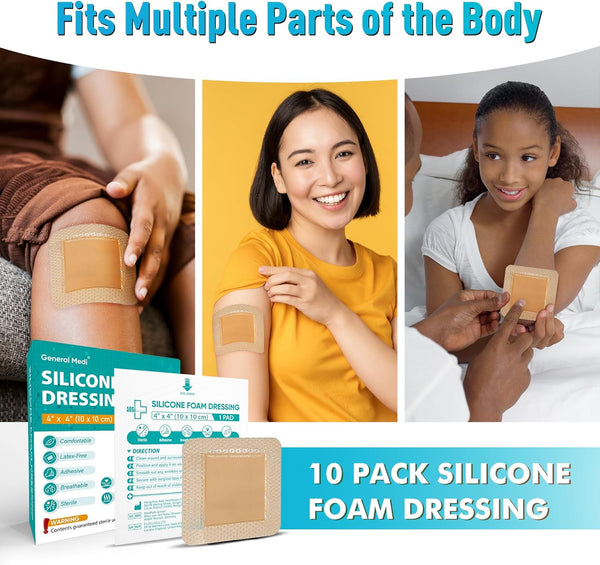General Medi Waterproof Silicone Foam Island Dressing (10 Packs) â 4" X 4" Sterile Wound Care Pad with Adhesive Border - Sterile, Soft & Highly