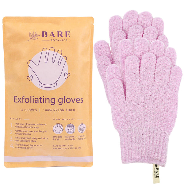 Bare Botanics 4 Pack Exfoliating Gloves for Shower (Lavender) - 100% Nylon Fibers - Exfoliating Bath Gloves - Shower Scrubber & Dead Skin Remover