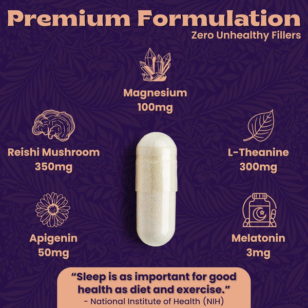 Natural Sleep Aid with Magnesium Glycinate 500Mg Reishi Mushroom 350Mg L-Theanine 300Mg Apigenin 50Mg Melatonin 3Mg - Magnesium Sleep Supplement