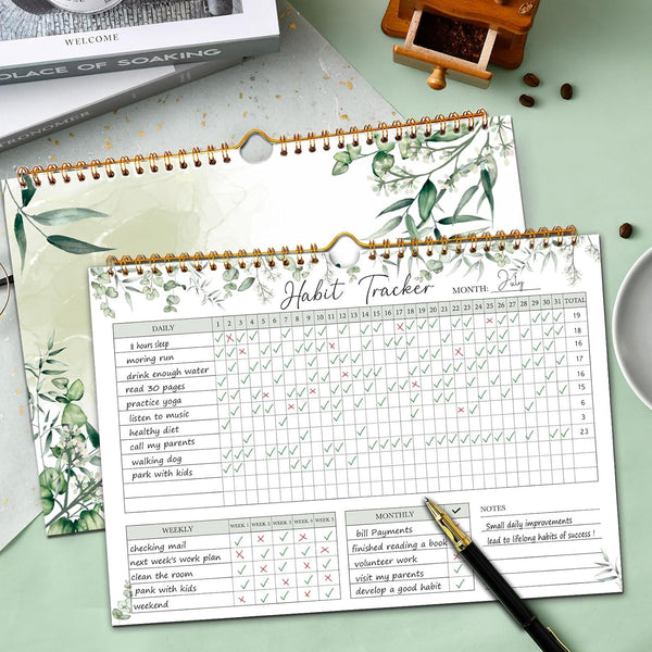 Habit Tracker Calendar-12 Months Undated Daily Weekly Goal and Habit Tracker Journal Planner with Spiral Binding, Boost Productivity Tool and