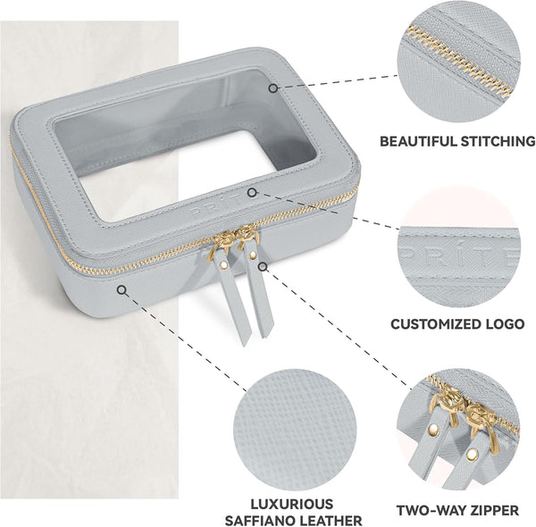 Prite Small Makeup Bag for Women Portable Clear Makeup Bag Cute Mini Waterproof Travel Cosmetic Bag with Gold Zipper for Car Essentials(Grey)
