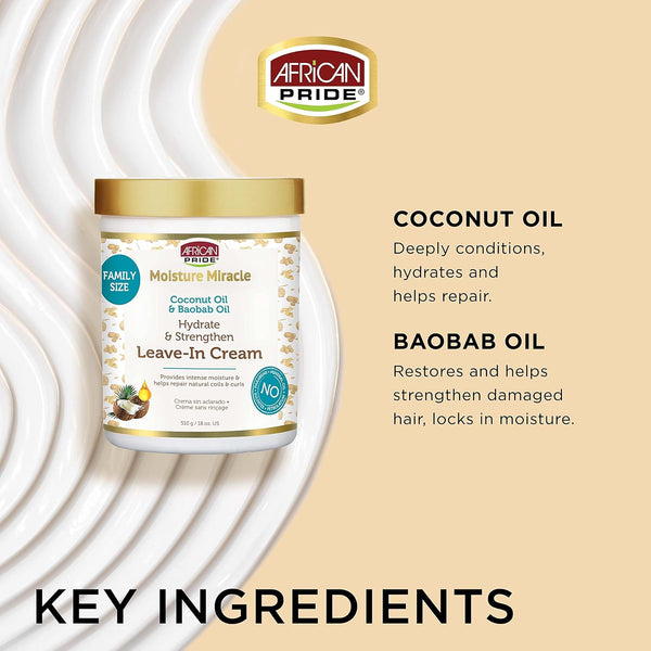 African Pride Moisture Miracle Coconut Oil & Baobab Oil Leave-In Hair Cream - Provides Intense Moisture & Helps Repair Natural Coils & Curls,