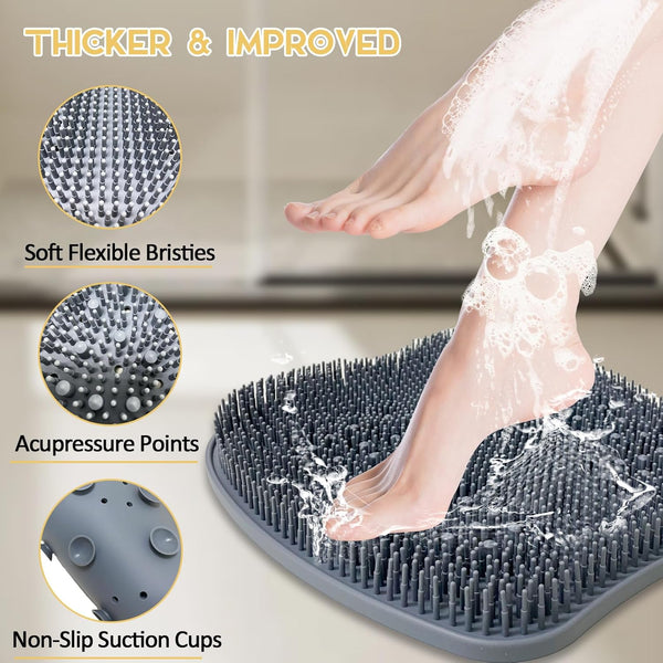 Extra Thicker & Larger Foot Scrubber Mat for Shower, Silicone Back Body Exfoliator Massager Cleaner Washer with Non Slip Suction Cup, Exfoliating