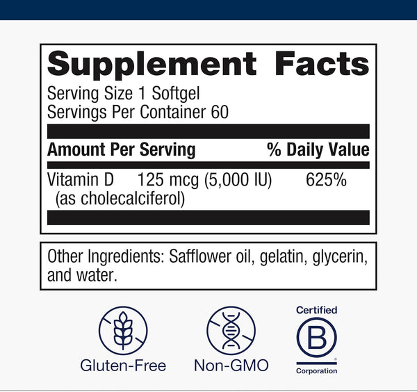 Metagenics Vitamin D3 5000 IU Supplement - High Potency Softgels for Immune, Bone & Heart Health* - 125 mcg Cholecalciferol in Coconut Oil for