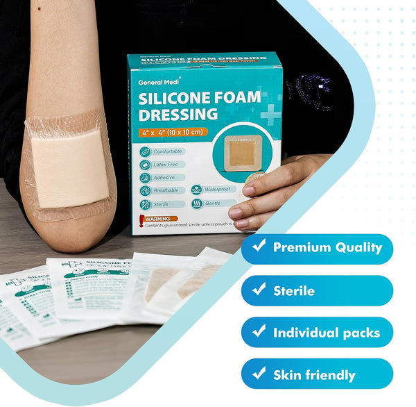 General Medi Waterproof Silicone Foam Island Dressing (10 Packs) â 4" X 4" Sterile Wound Care Pad with Adhesive Border - Sterile, Soft & Highly