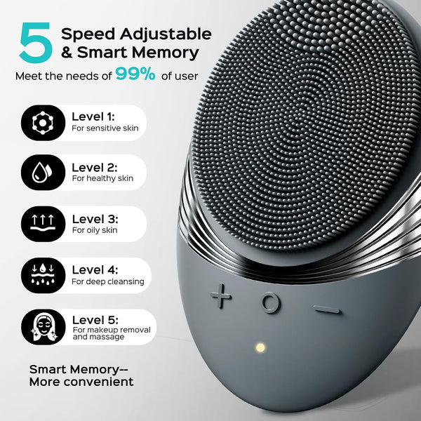 COSLUS Facial Cleansing Brush Face Scrubber : Portable Silicone Waterproof Rechargeable Face Wash Brush, 5 Cleansing Modes, Electric Deep Cleaning