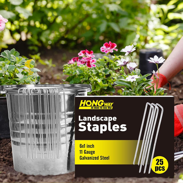 Hongway 6 Inch 25Pcs Landscape Staples, 11 Gauge Galvanized Garden Stakes and U-Shaped Pins for Landscaping Fabric Weed Barrier Irrigation Tubing