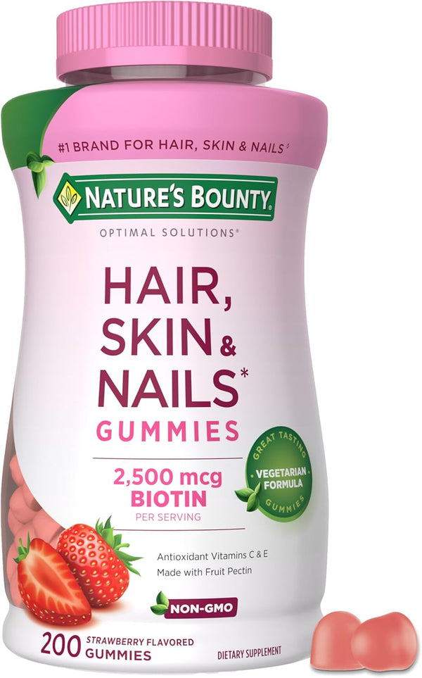 Nature'S Bounty Optimal Solutions Hair, Skin and Nails Pectin Gummies, 2500 Mcg Biotin per Serving, No Stick Gummy, Vegetarian Formula, Strawberry