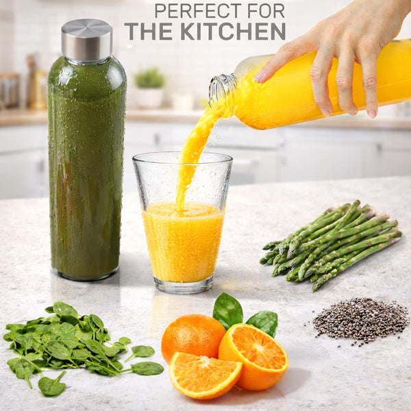 Brieftons Borosilicate Glass Water Bottles with Caps: Clear, 6 Pack, 18 Oz, Heat Resistant, Slim, Easy to Store, Leakproof Lids, Best as Reusable