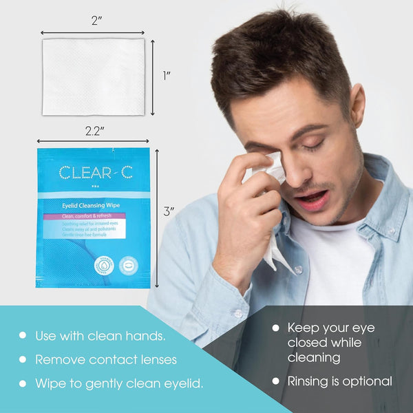 Clear C Eyelid Wipes Pre-Moistened for Dry Eyes â Rinse Free Eye Lid Cleaning Wipes â Individually Wrapped Travel Eye Wipes, 1 Box of 30