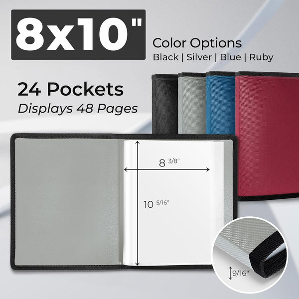 Dunwell Photo Album 8X10 (Silver) with Black Mounting Paper, 8 X 10 Photo & Art Portfolio Presentation Book, 24 Sleeves, Displays 48 Pages,